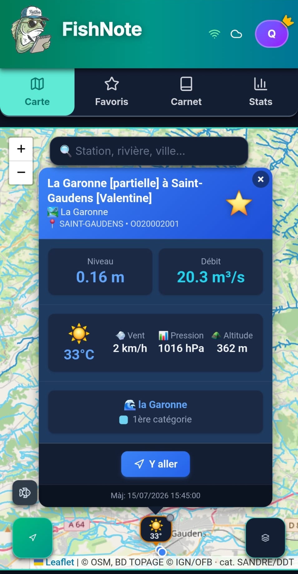 Popup d'une station hydrométrique sur la carte FishNote : niveau et débit de la Garonne en temps réel
